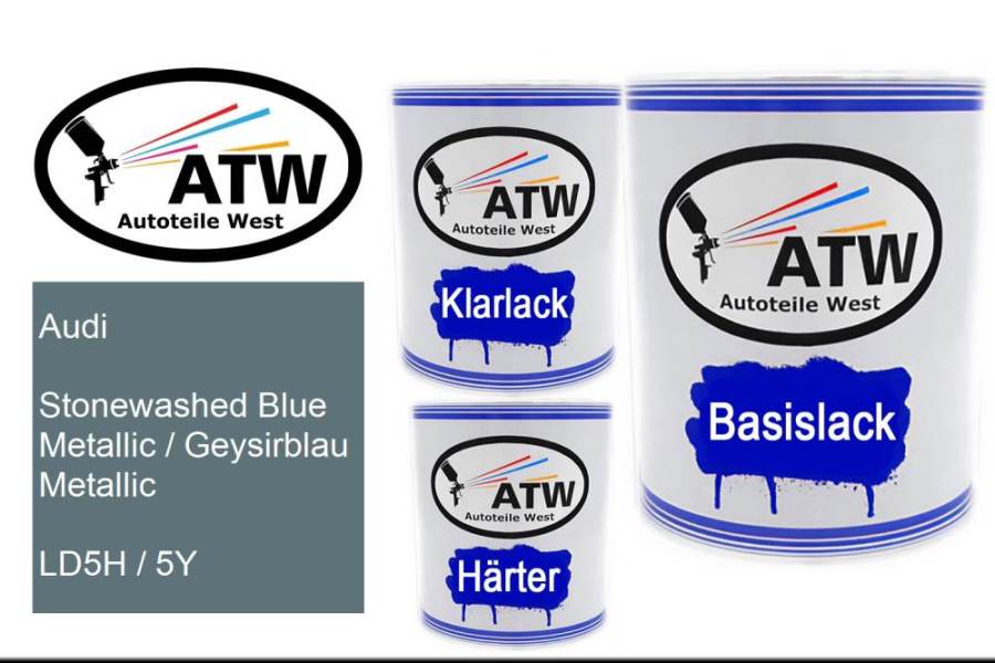 Audi, Stonewashed Blue Metallic / Geysirblau Metallic, LD5H / 5Y: 1L Lackdose + 1L Klarlack + 500ml Härter - Set, von ATW Autoteile West.